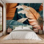 Papier peint – Grandes feuilles orange sur fond bleu nuit