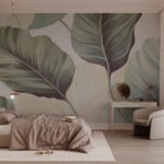 Papier peint – Grandes feuilles vert olive sur fond beige