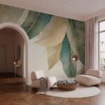 Papier peint – Grandes feuilles vertes et beiges en cascade