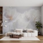 Papier peint – Grande fleur blanche sur fond gris doux