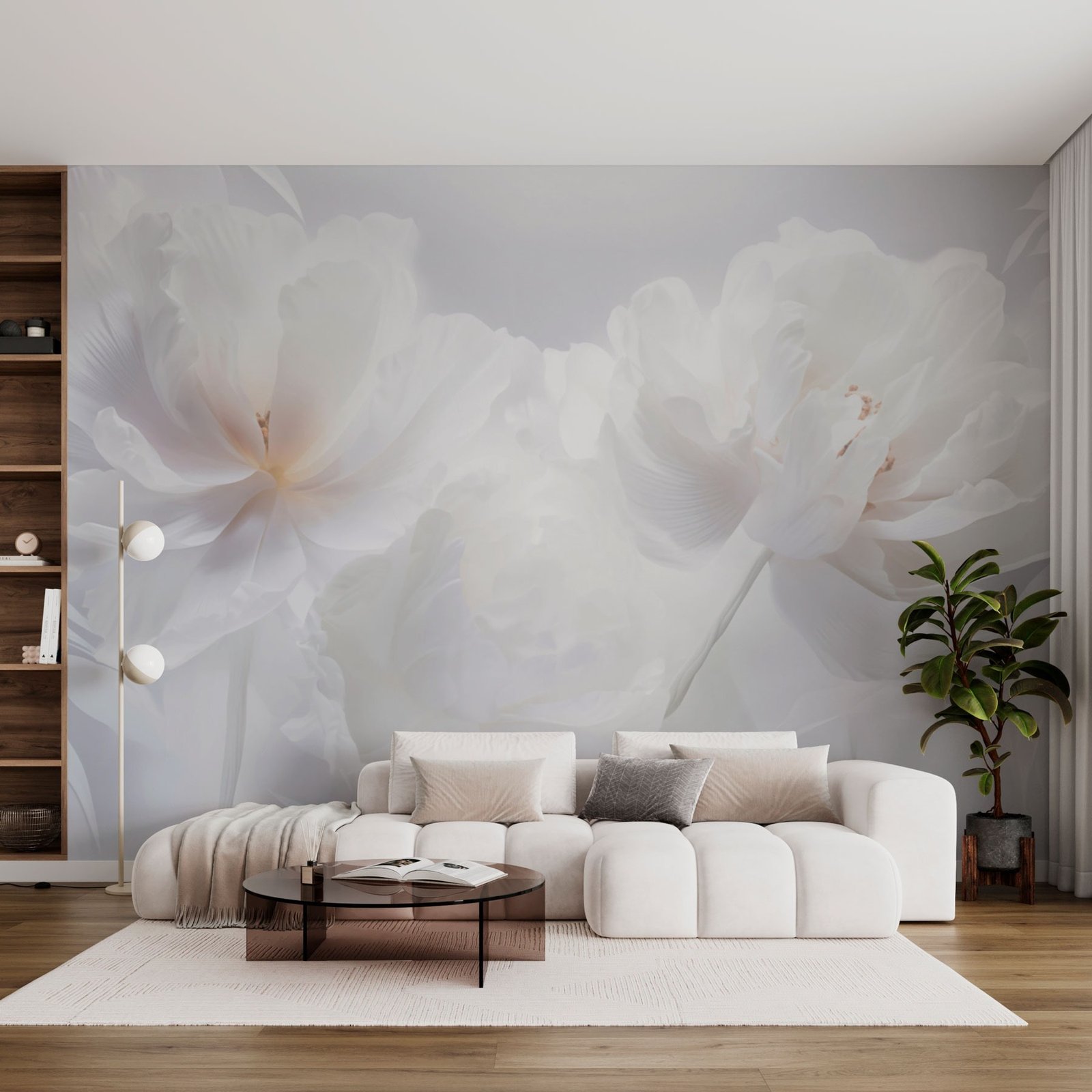 w03443pig67ms.jpg Papier peint – Grande fleur blanche sur fond gris doux – Image 1