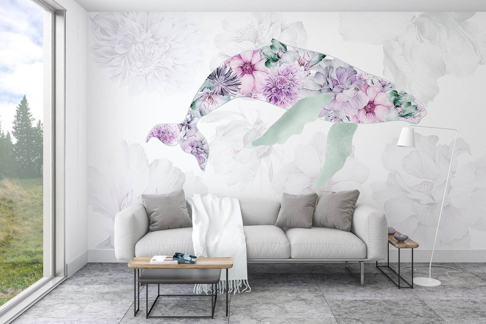 w03446v1pig13r.jpg Papier peint – Dauphin à motifs floraux mauves – Image 1