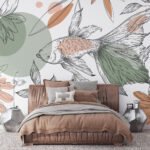 Papier peint – Oiseau et feuillage graphique vert et orange