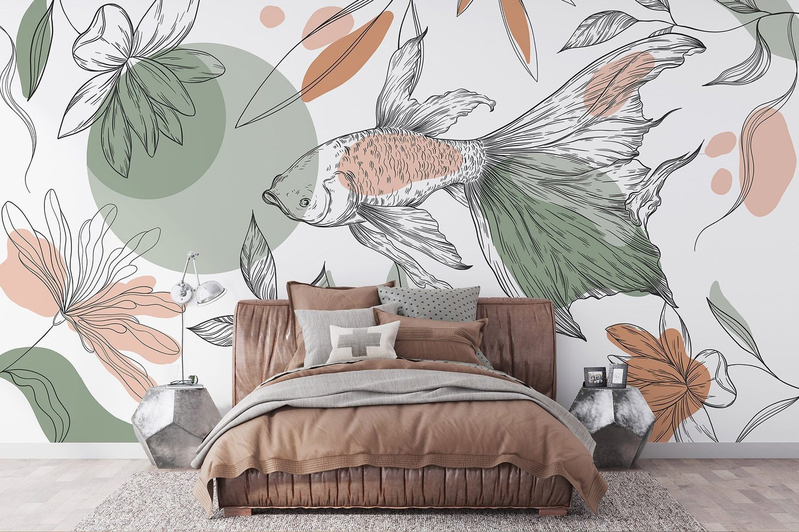 w03448pib78mr.jpg Papier peint – Oiseau et feuillage graphique vert et orange – Image 1