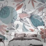 Papier peint – Oiseau et feuillage graphique rose et turquoise