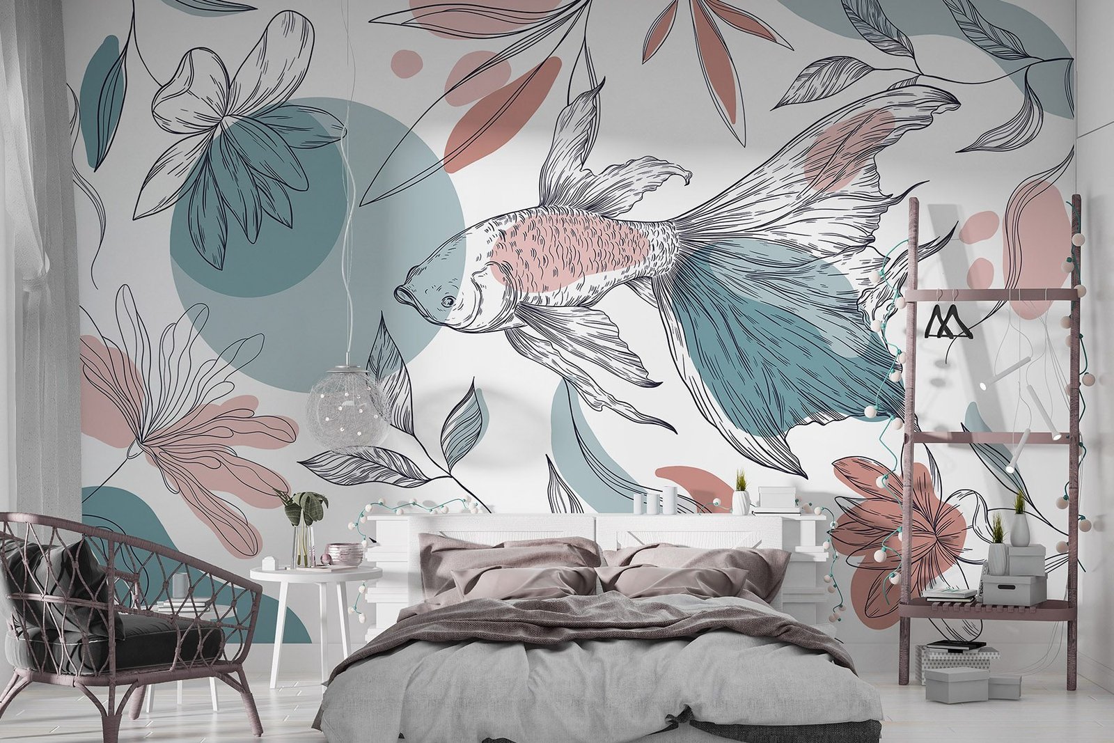 w03448v1pib13r.jpg Papier peint – Oiseau et feuillage graphique rose et turquoise – Image 1