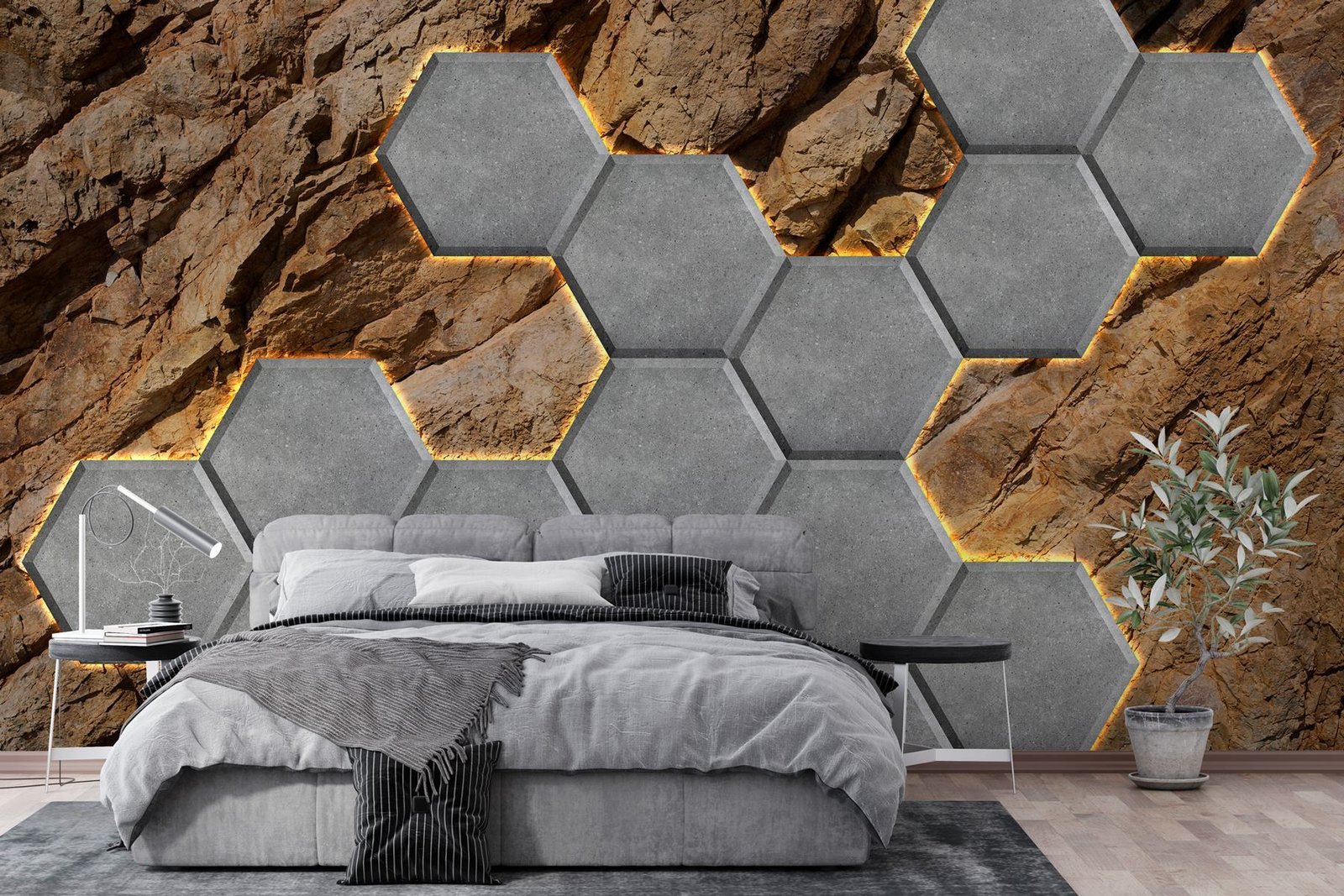 w03456pib6r.jpg Papier peint – Hexagones gris sur roche dorée – Image 1