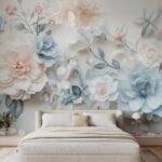Papier peint – Roses bleues, blanches et pêche