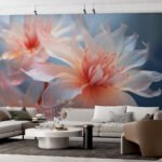 Papier peint – Fleurs corail sur fond bleu