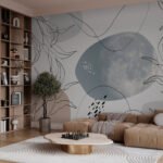 Papier peint – Feuilles au trait et cercles bleu grisé