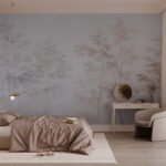 Papier peint – Arbres beiges sur fond mauve doux
