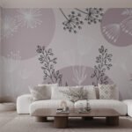 Papier peint – Ombelles blanches et formes mauves
