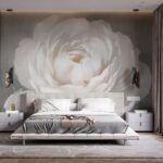 Papier peint – Grande pivoine blanche sur fond gris