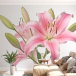 Papier peint – Lys roses sur fond blanc