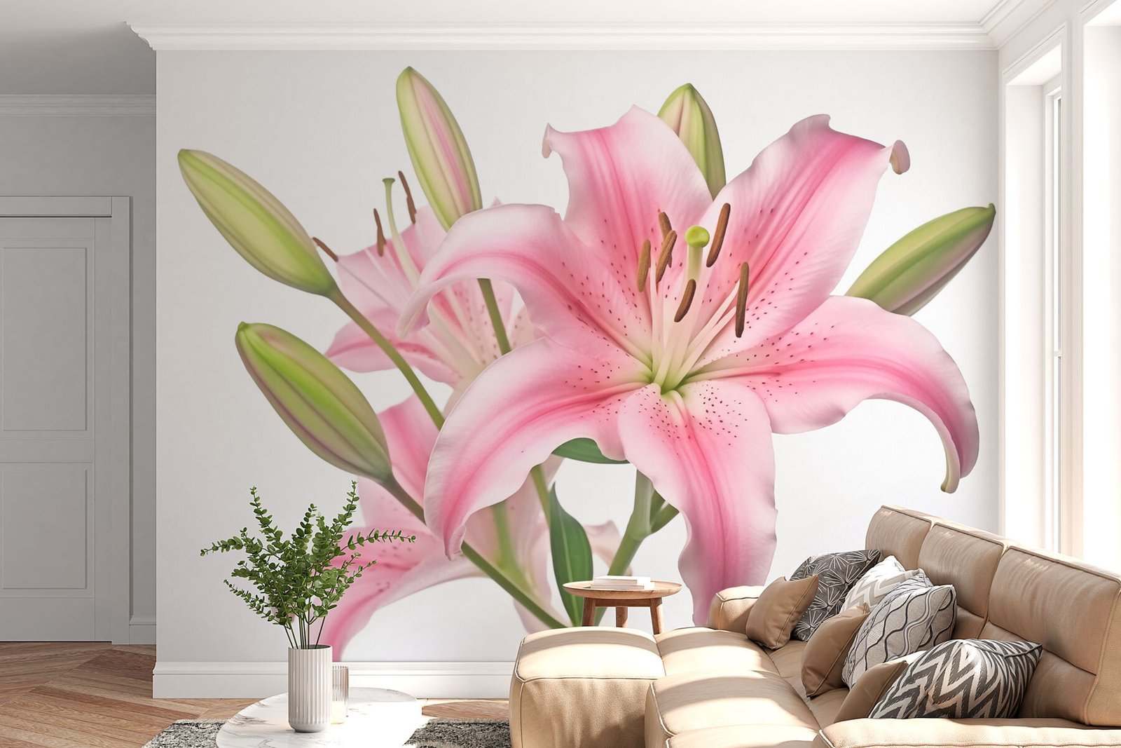 w03487pig1mr.jpg Papier peint – Lys roses sur fond blanc – Image 1