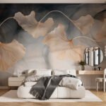 Papier peint – Feuilles de ginkgo dorées sur fond gris