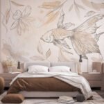 Papier peint – Poisson au trait et feuillage beige