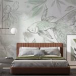 Papier peint – Poisson au trait et feuillage vert