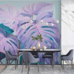 Papier peint – Feuilles tropicales mauves et turquoise