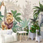 Papier peint – Lion et végétation tropicale