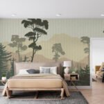 Papier peint – Pins et montagnes sur fond vert doux