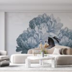 Papier peint – Pivoines bleu grisé au trait fin