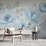 Papier peint – Fleurs bleues et crème en bouquet léger
