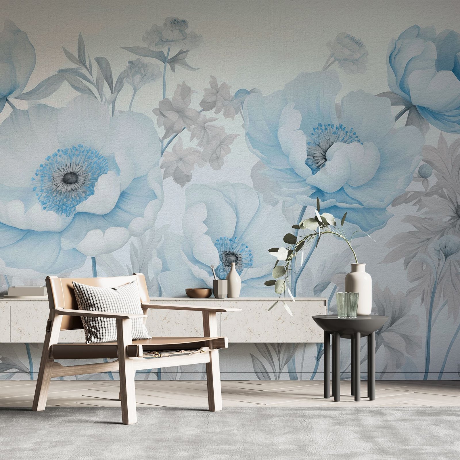 w03555v1pig12ms.jpg Papier peint – Fleurs bleues et crème en bouquet léger – Image 1