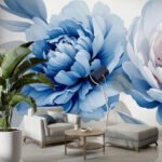 Papier peint – Pivoine bleue et feuillage vert