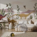 Papier peint – Dinosaures dans un paysage illustré
