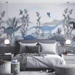 Papier peint – Dinosaures bleus dans un paysage illustré