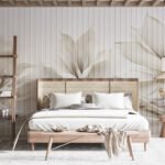 Papier peint – Vagues blanches et dorées sur lignes verticales