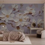 Papier peint – Fleurs nacrées sur fond mauve