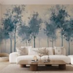Papier peint – Arbres bleus sur fond beige patiné