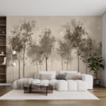 Papier peint – Arbres bruns sur fond beige patiné