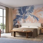 Papier peint – Feuillage tropical bleu et orange