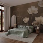 Papier peint – Fleurs crème sur fond brun