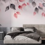 Papier peint – Feuilles roses et grises suspendues