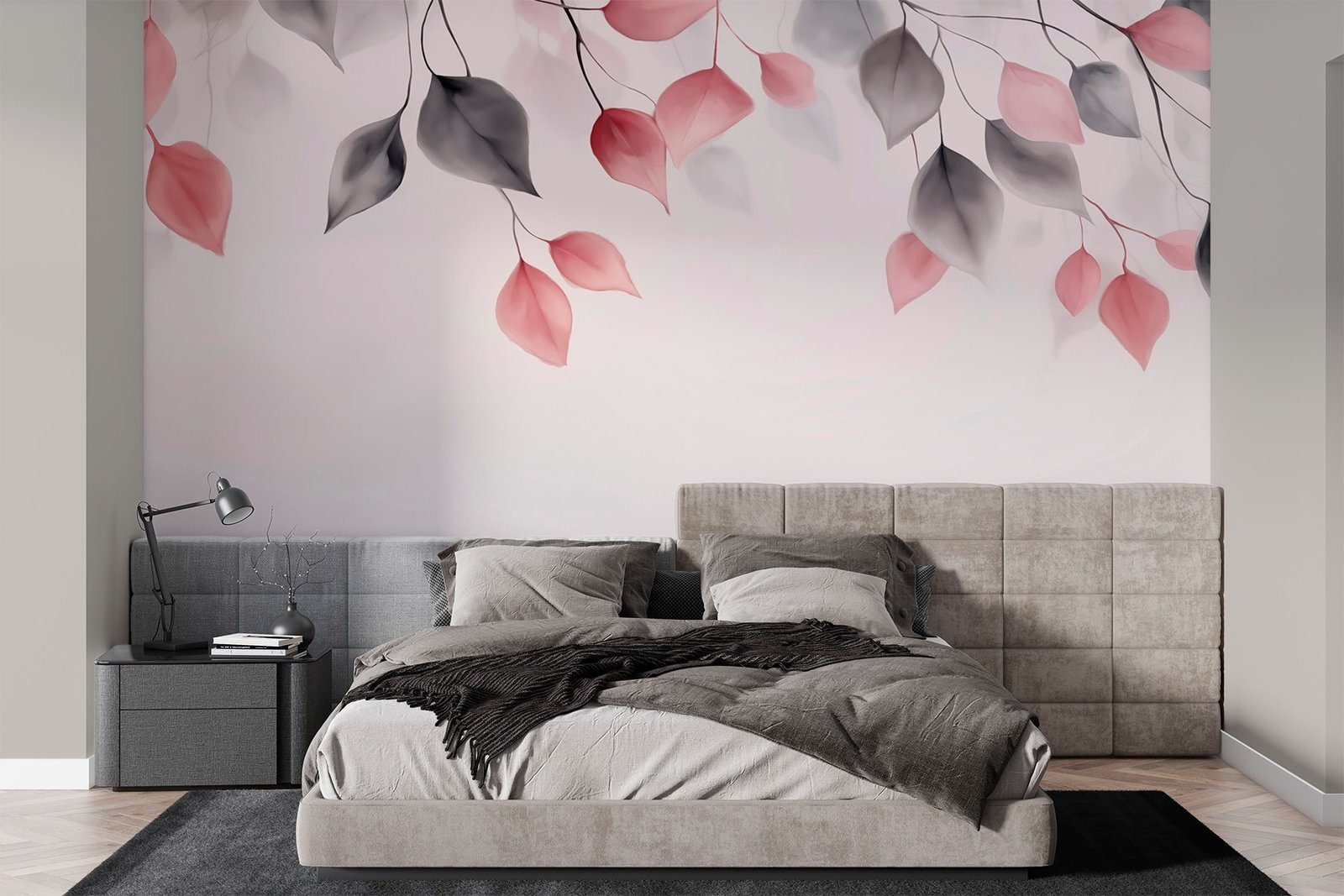 w03592pib77mr.jpg Papier peint – Feuilles roses et grises suspendues – Image 1