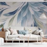 Papier peint – Feuilles bleues et blanches en mouvement