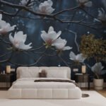 Papier peint – Magnolias blancs sur fond bleu nuit