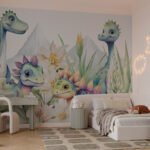 Papier peint – Dinosaures pastel et végétation