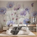 Papier peint – Prairie de fleurs mauves au trait fin