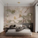 Papier peint – Fleurs blanches sur branches beiges