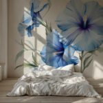 Papier peint – Fleurs bleues et feuilles vertes en transparence