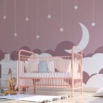 Papier peint – Lune blanche et étoiles sur fond mauve