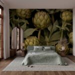 Papier peint – Fleurs vert olive sur fond sombre