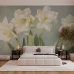 Papier peint – Fleurs blanches sur fond vert doux – W03640