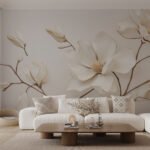 Papier peint – Magnolias crème sur branches brunes