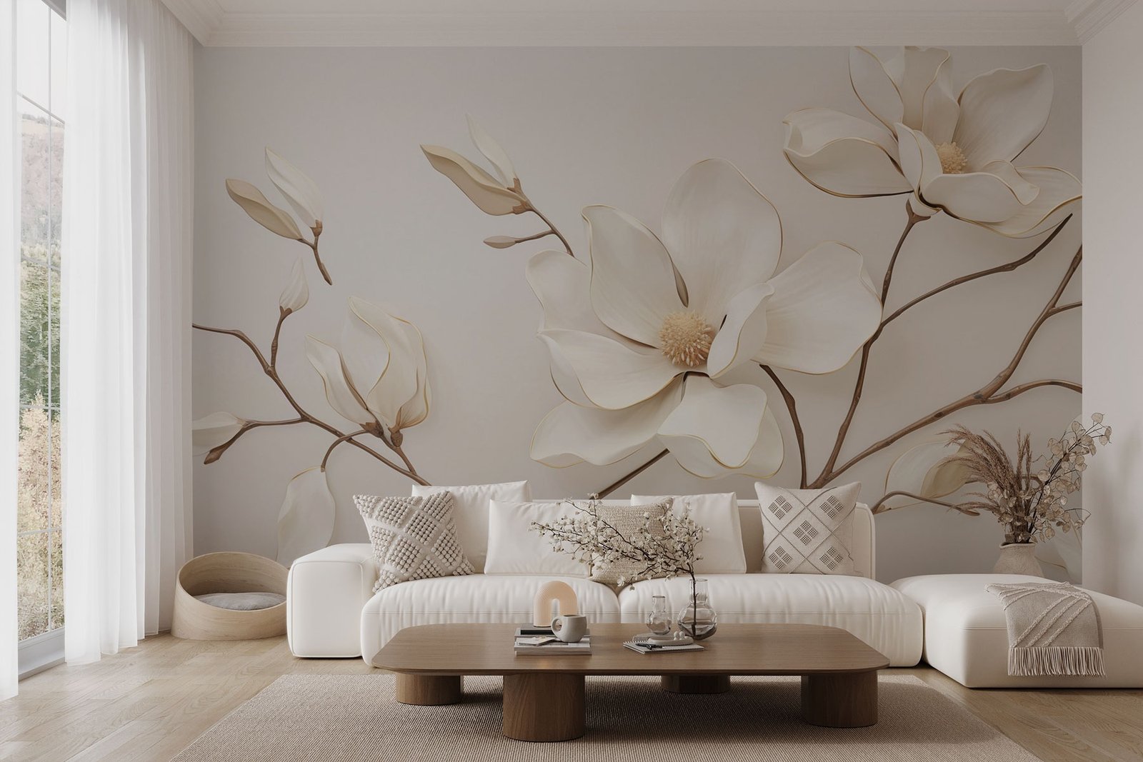w03645pig5mr.jpg Papier peint – Magnolias crème sur branches brunes – Image 1